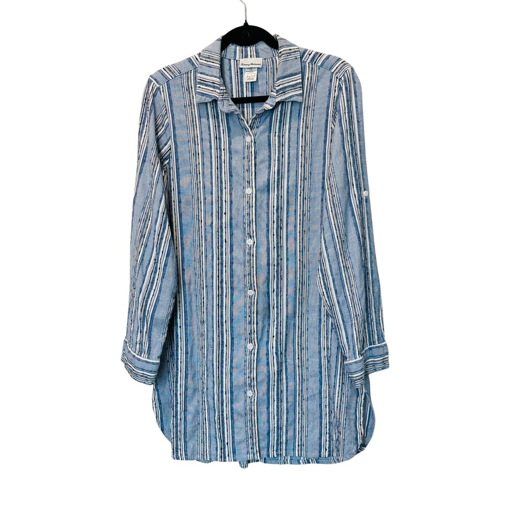 Tommy Bahama Striped Roll Tab Tunic Shirt Blue White Coastal Resort Size L‎